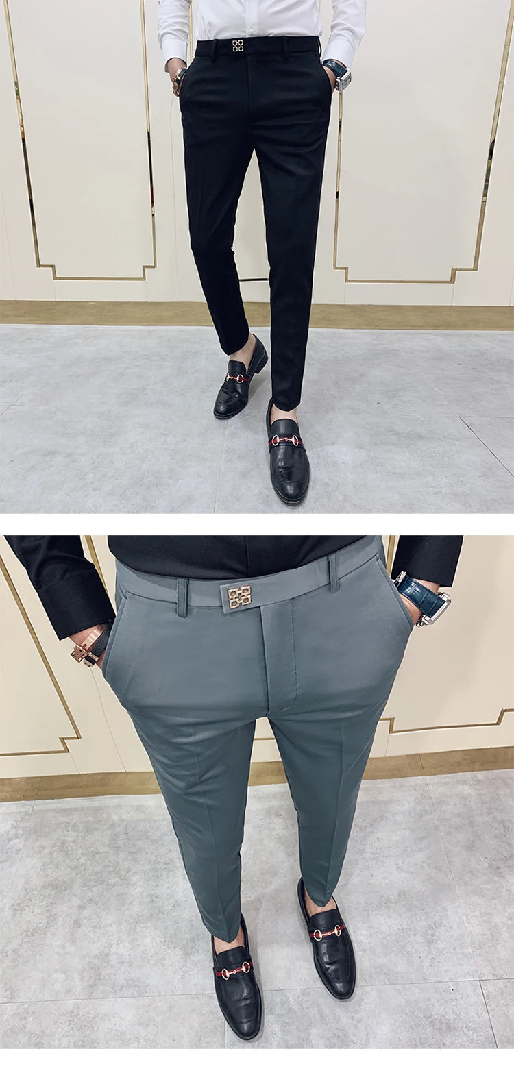 Primavera 2025 dos homens casual fino ajuste vestido calças streetwear terno calças dos homens de alta qualidade calças escritório todos os jogos tornozelo comprimento calças