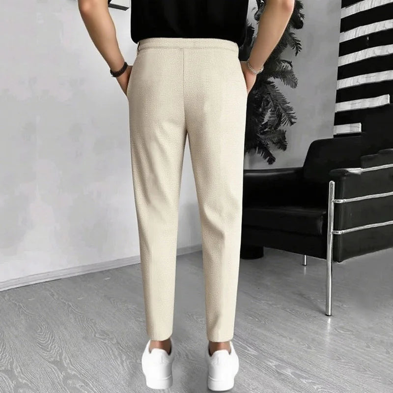 Calça waffle masculina elegante – Calça esportiva casual slim fit com cordão ajustável e bolsos seguros para todas as estações – perfeita ao ar livre