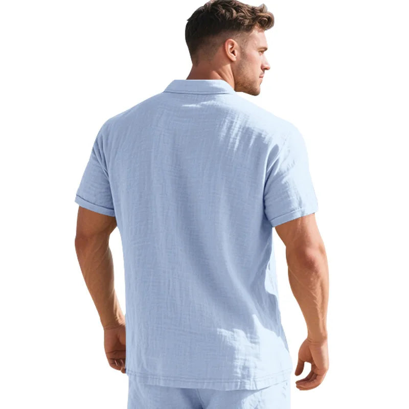 2025 verão nova camisa masculina estilo britânico solto na moda respirável linho casual gola polo série camisa polo manga curta