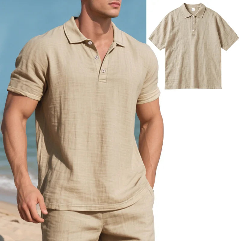 2025 verão nova camisa masculina estilo britânico solto na moda respirável linho casual gola polo série camisa polo manga curta