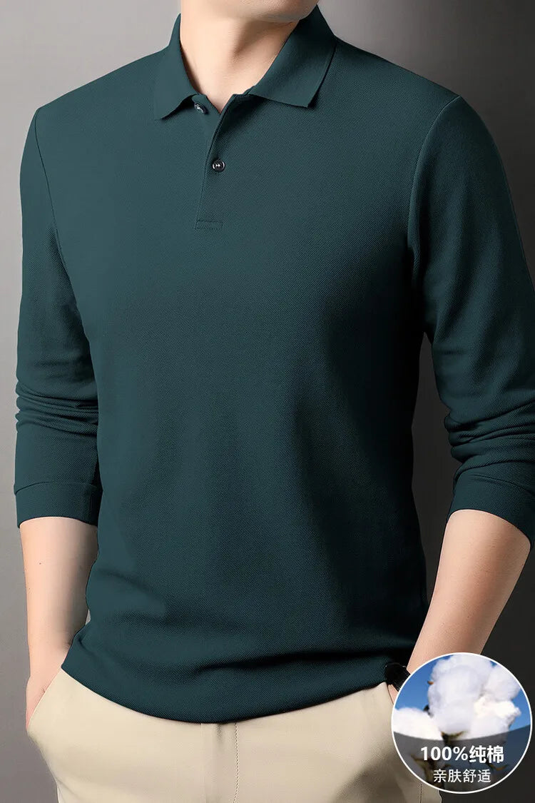 Camisa polo masculina durável 100% algodão, manga comprida de lazer de outono, camiseta com lapelas respiráveis, 16 cores, perfeita para golfe e esportes