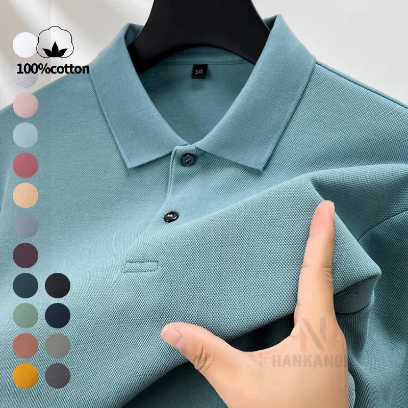 Camisa polo masculina durável 100% algodão, manga comprida de lazer de outono, camiseta com lapelas respiráveis, 16 cores, perfeita para golfe e esportes
