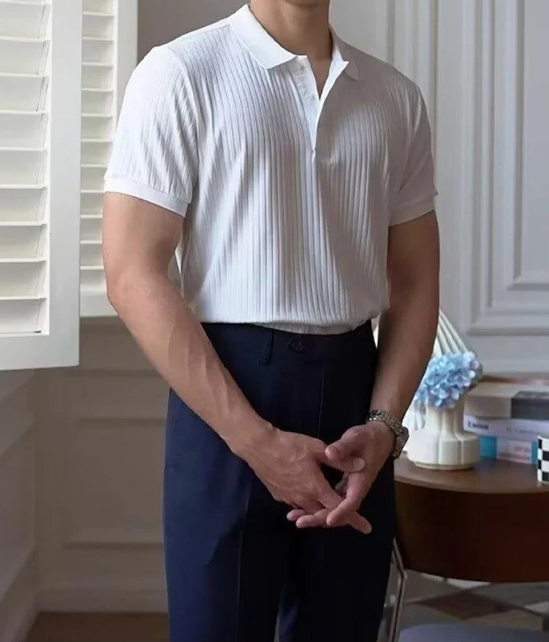 Camisa polo masculina de malha listrada vertical verão novo fino cor sólida respirável gola virada para baixo negócios manga curta polo topos