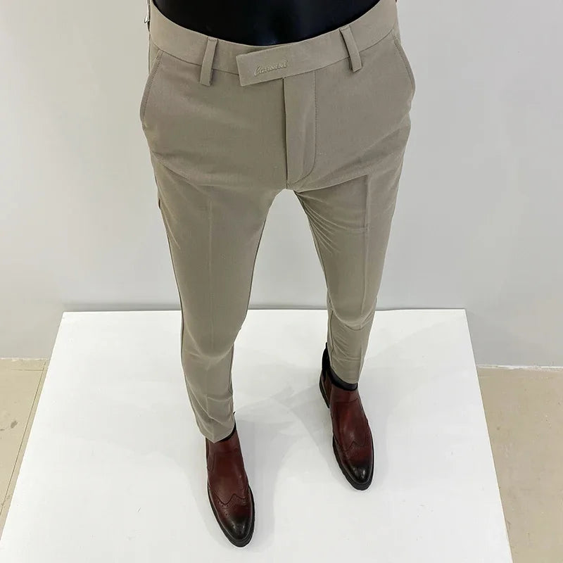 Homens terno calças calças formais pantalone hombre estiramento fino cor sólida vestido casual calças de comprimento total moda novas roupas masculinas