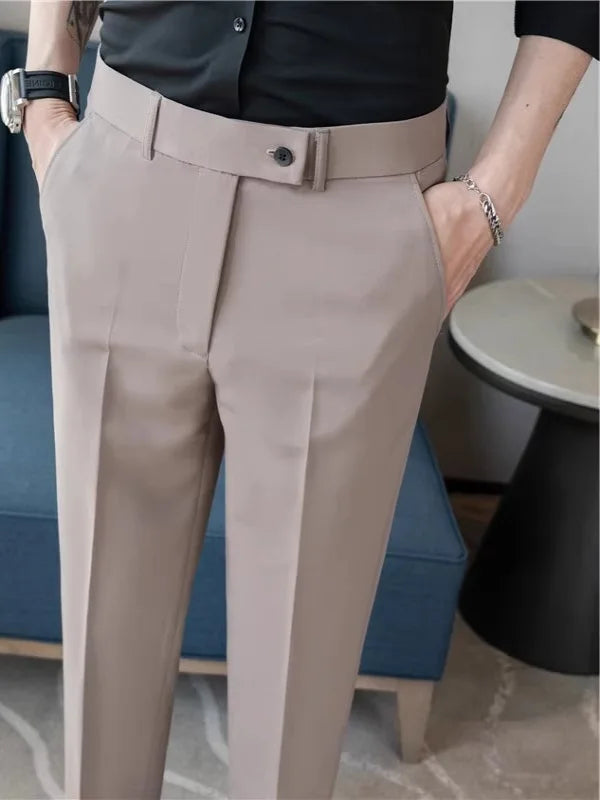 Calças Casuais Brancas Finas para Homens Verão 2025 Novas Calças de Negócios em Nove Peças com Botões Laterais Estilo Slim co...