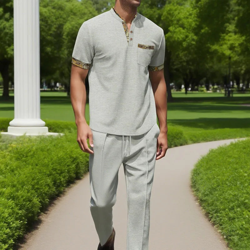 Calça waffle masculina elegante – Calça esportiva casual slim fit com cordão ajustável e bolsos seguros para todas as estações – perfeita ao ar livre