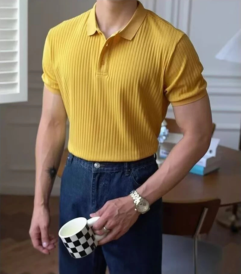 Camisa polo masculina de malha listrada vertical verão novo fino cor sólida respirável gola virada para baixo negócios manga curta polo topos