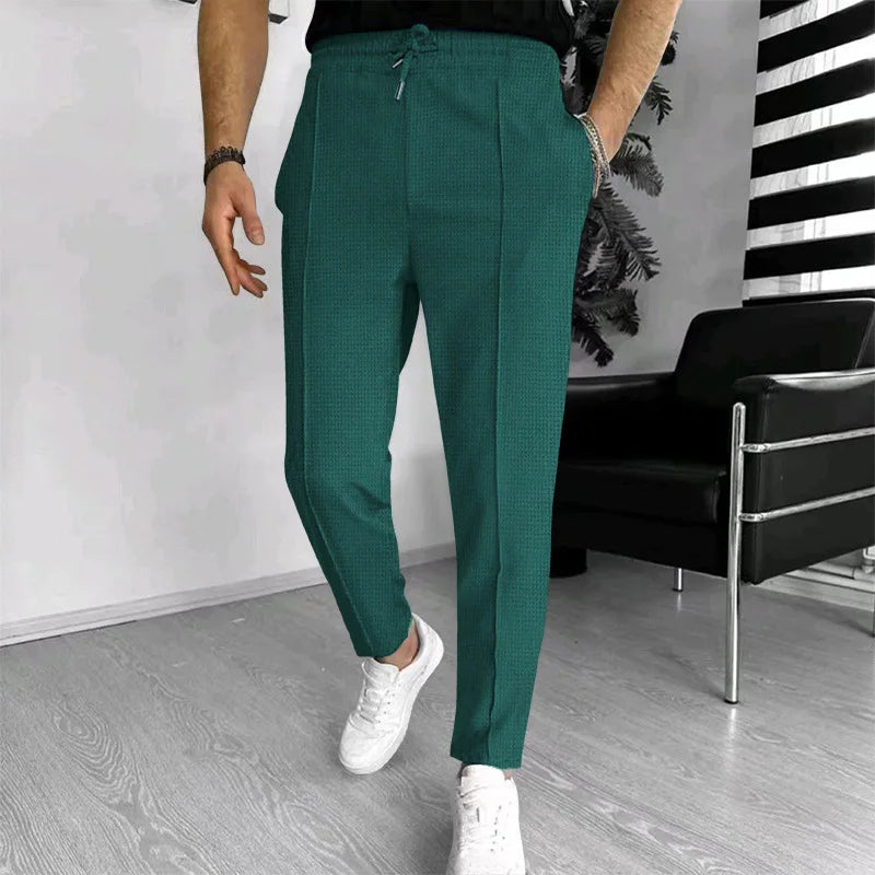 Calça waffle masculina elegante – Calça esportiva casual slim fit com cordão ajustável e bolsos seguros para todas as estações – perfeita ao ar livre