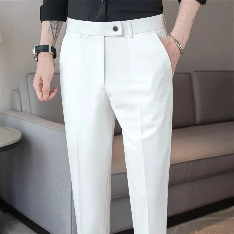 Calças Casuais Brancas Finas para Homens Verão 2025 Novas Calças de Negócios em Nove Peças com Botões Laterais Estilo Slim co...