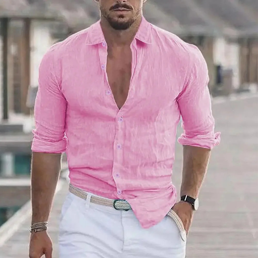 Camisa de praia de linho de algodão masculina, moda de linho, gola polo casual, sólida camisas havaianas, novo, 2024