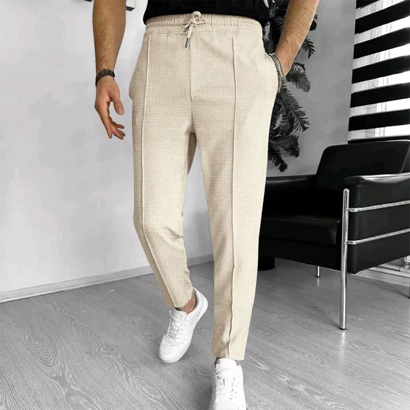 Calça waffle masculina elegante – Calça esportiva casual slim fit com cordão ajustável e bolsos seguros para todas as estações – perfeita ao ar livre