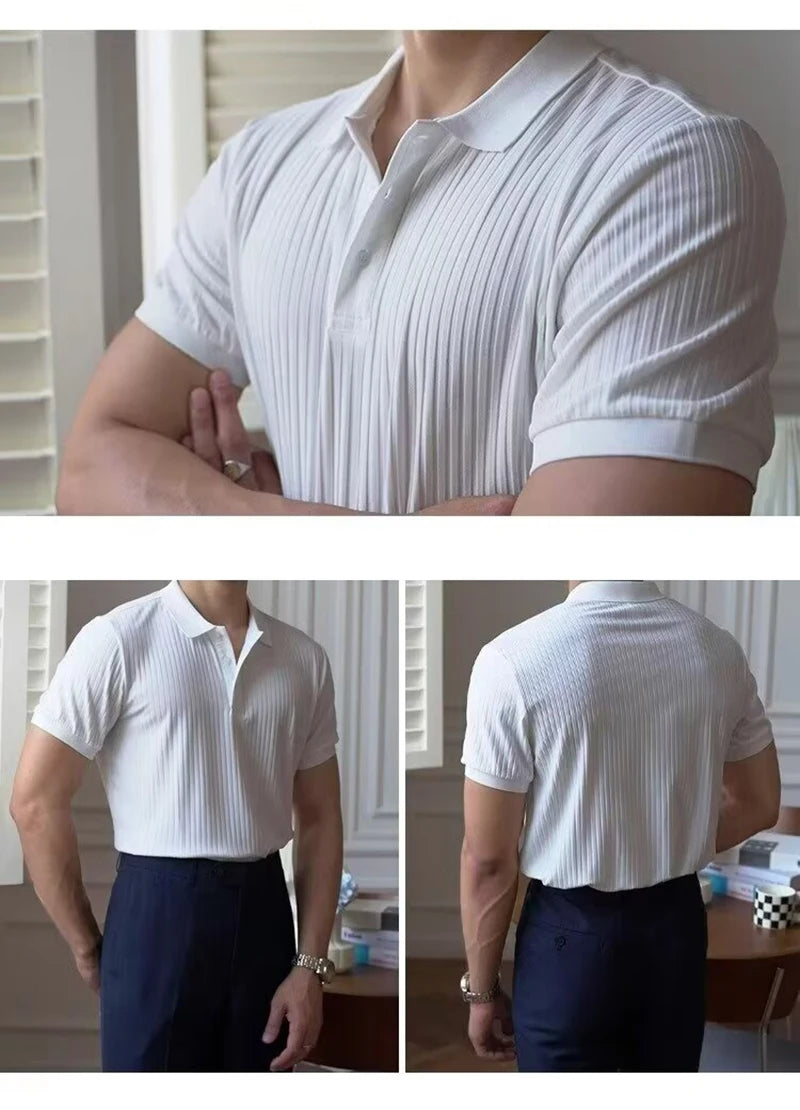 Camisa polo masculina de malha listrada vertical verão novo fino cor sólida respirável gola virada para baixo negócios manga curta polo topos