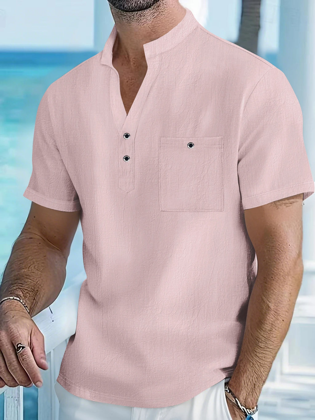 Camisa masculina de manga curta de linho de algodão com gola alta e carcela de meio botão – roupa casual de lazer ao ar livre para primavera e verão