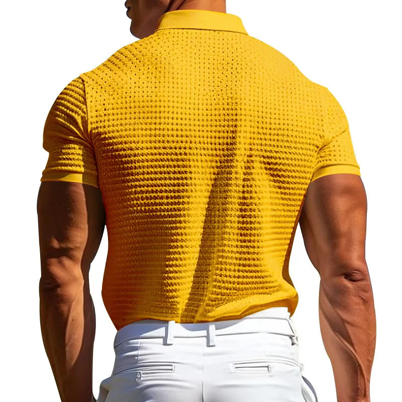 Camisa polo esportiva masculina com botão de waffle, camisa polo amazônica, verão, 2024