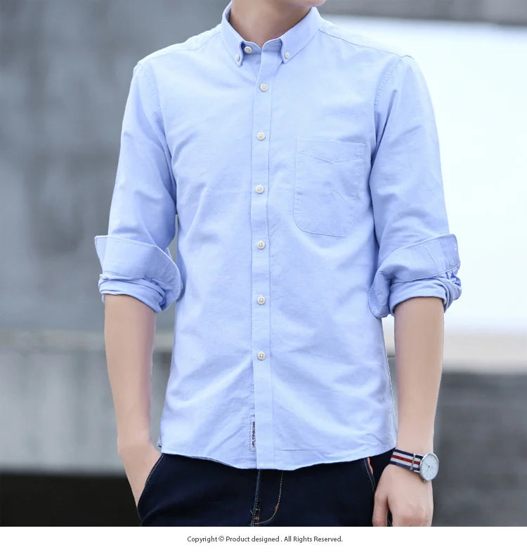 Clássico ajuste algodão completo camisas casuais para homem cor sólida manga longa camisa simples bolso único topo macio fino ajuste roupas formais