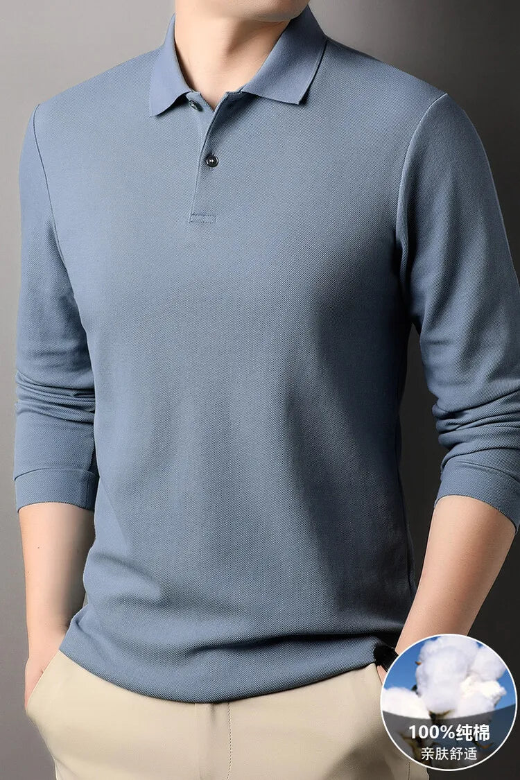 Camisa polo masculina durável 100% algodão, manga comprida de lazer de outono, camiseta com lapelas respiráveis, 16 cores, perfeita para golfe e esportes