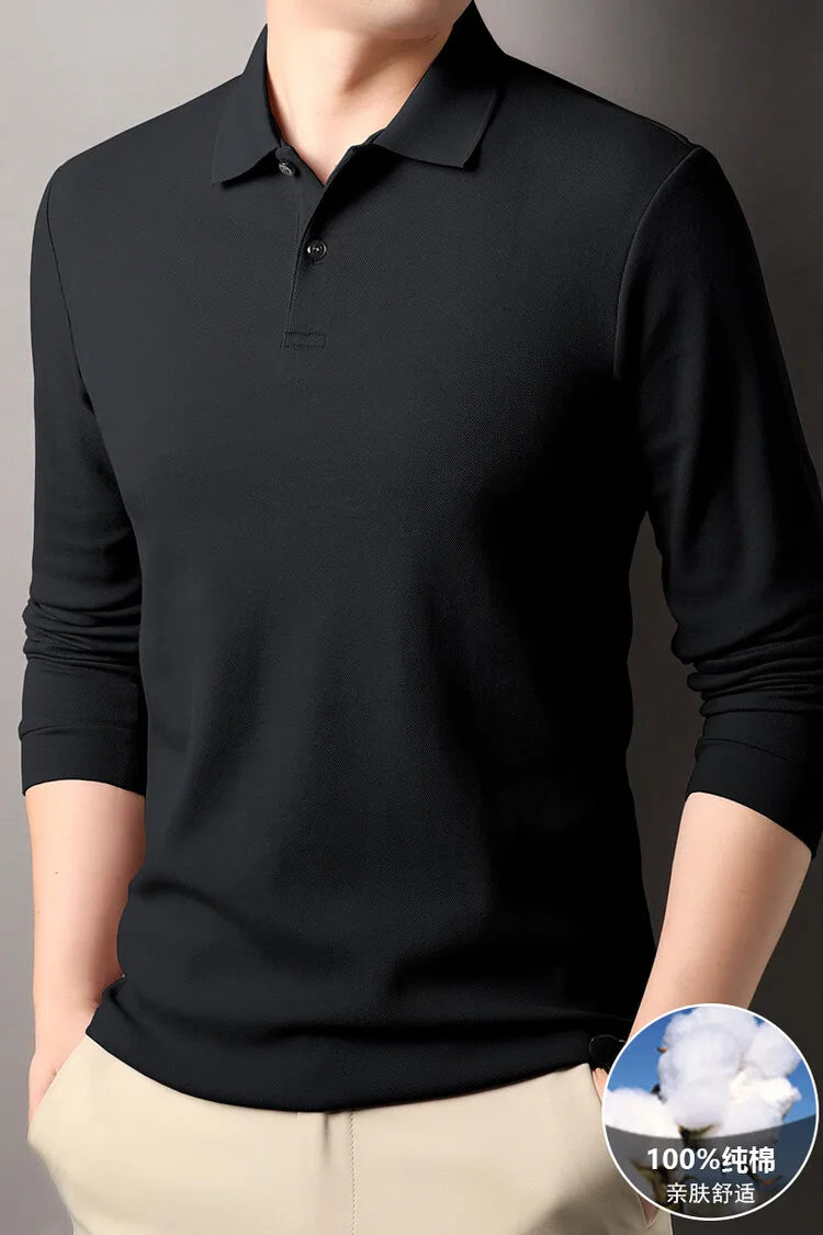 Camisa polo masculina durável 100% algodão, manga comprida de lazer de outono, camiseta com lapelas respiráveis, 16 cores, perfeita para golfe e esportes