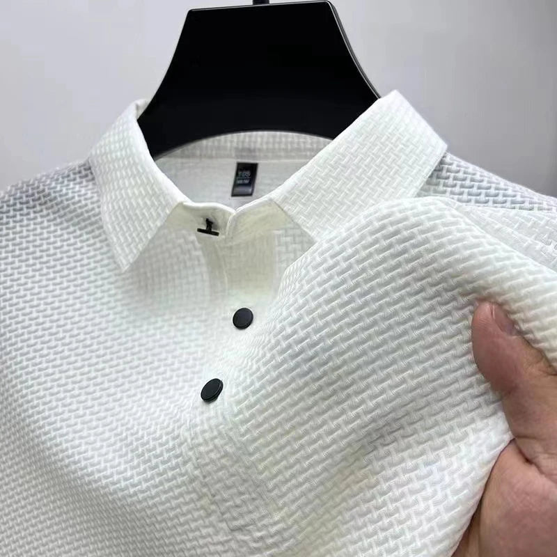 2025 negócios masculinos casual manga curta osso flor cor sólida camisa polo moda respirável confortável verão versátil topo