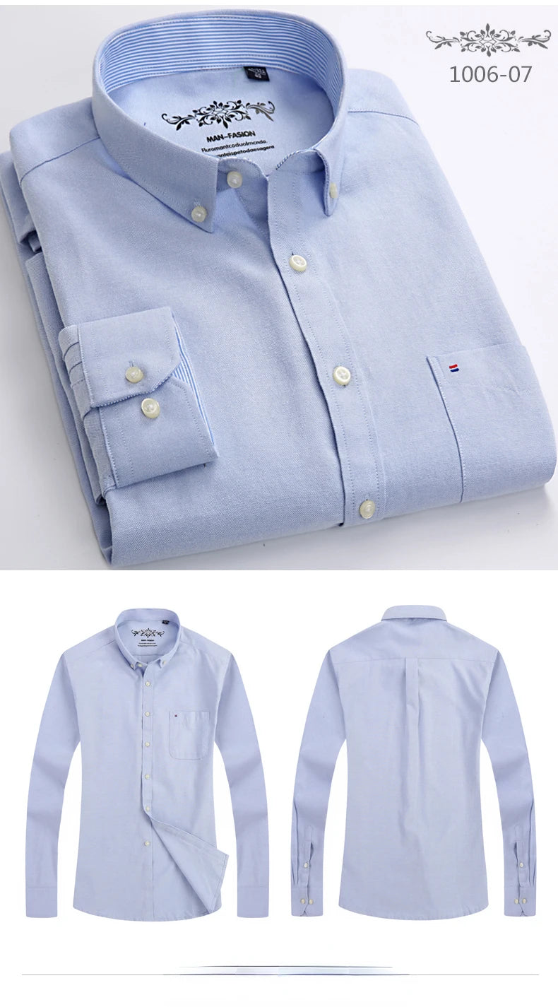 Clássico ajuste algodão completo camisas casuais para homem cor sólida manga longa camisa simples bolso único topo macio fino ajuste roupas formais