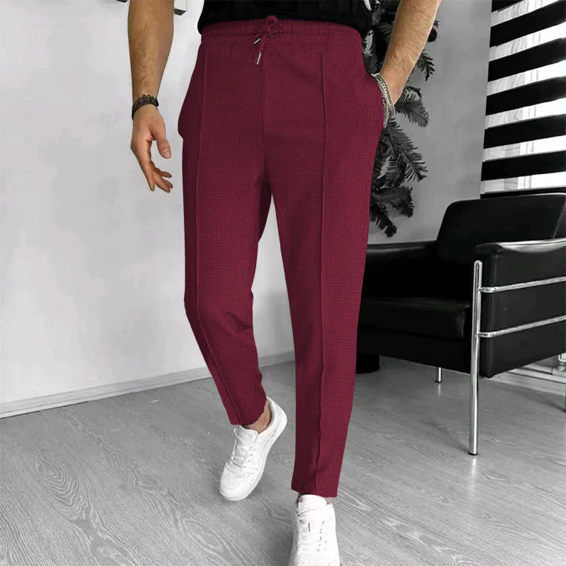 Calça waffle masculina elegante – Calça esportiva casual slim fit com cordão ajustável e bolsos seguros para todas as estações – perfeita ao ar livre