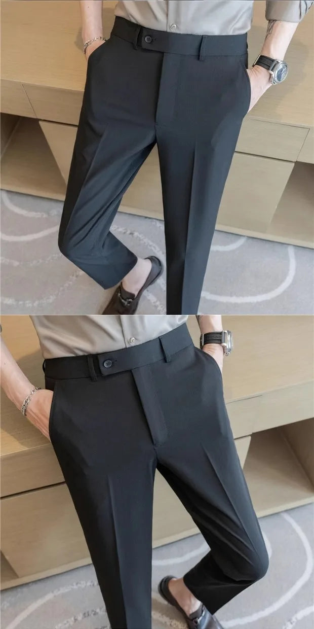 Calças Casuais Brancas Finas para Homens Verão 2025 Novas Calças de Negócios em Nove Peças com Botões Laterais Estilo Slim co...