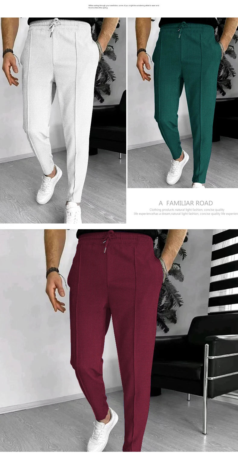 Calça waffle masculina elegante – Calça esportiva casual slim fit com cordão ajustável e bolsos seguros para todas as estações – perfeita ao ar livre