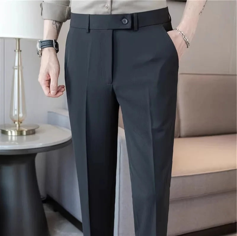 Calças Casuais Brancas Finas para Homens Verão 2025 Novas Calças de Negócios em Nove Peças com Botões Laterais Estilo Slim co...