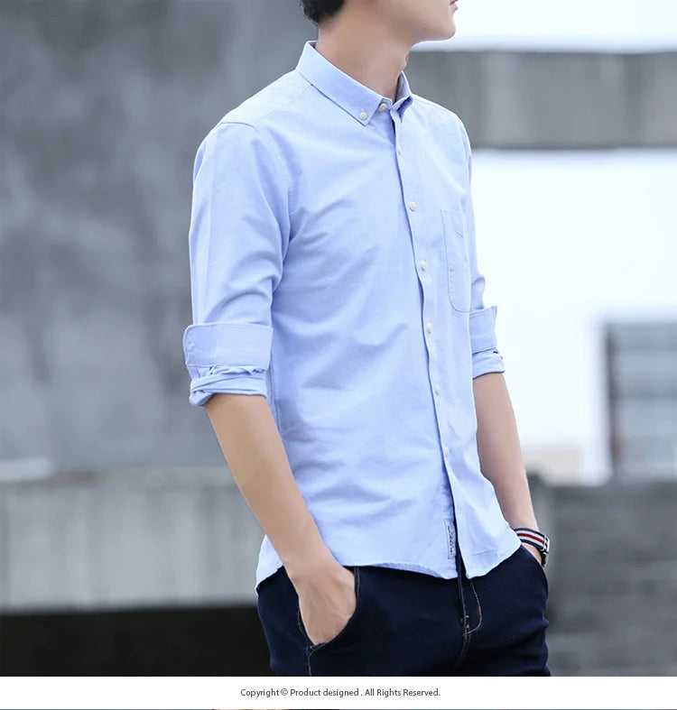 Clássico ajuste algodão completo camisas casuais para homem cor sólida manga longa camisa simples bolso único topo macio fino ajuste roupas formais