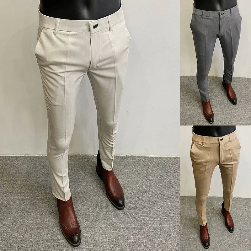 Homens terno calças calças formais pantalone hombre estiramento fino cor sólida vestido casual calças de comprimento total moda novas roupas masculinas