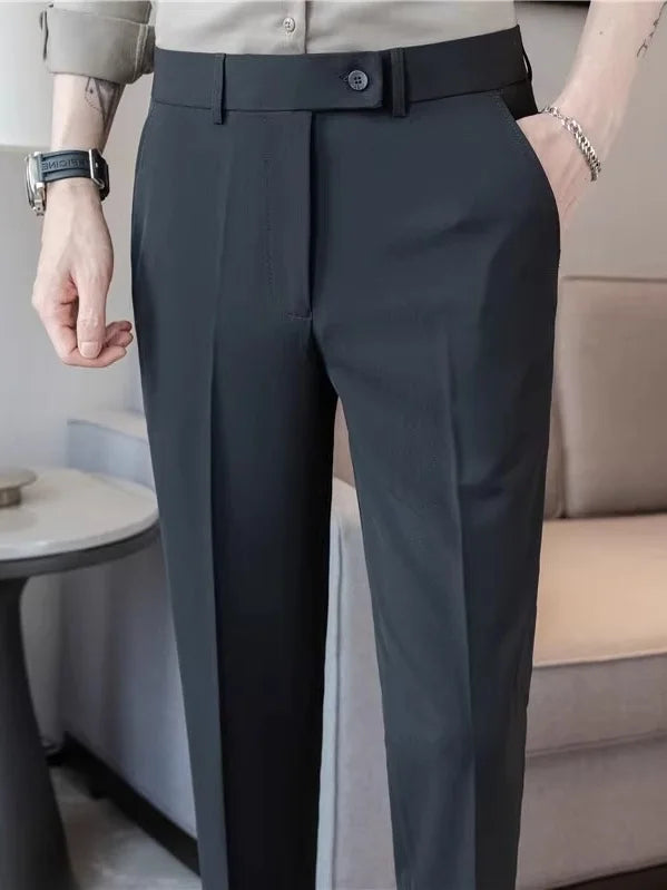 Calças Casuais Brancas Finas para Homens Verão 2025 Novas Calças de Negócios em Nove Peças com Botões Laterais Estilo Slim co...