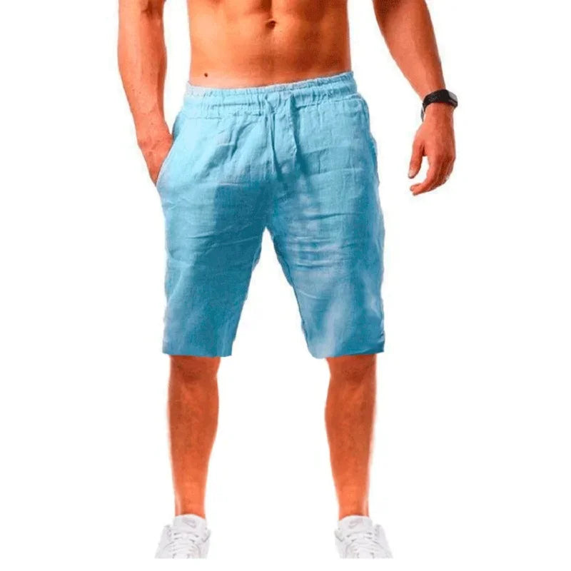 Calças curtas de linho de algodão masculino leve havaiano verão shorts masculino respirável cor sólida casual calças curtas