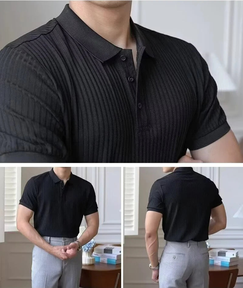 Camisa polo masculina de malha listrada vertical verão novo fino cor sólida respirável gola virada para baixo negócios manga curta polo topos