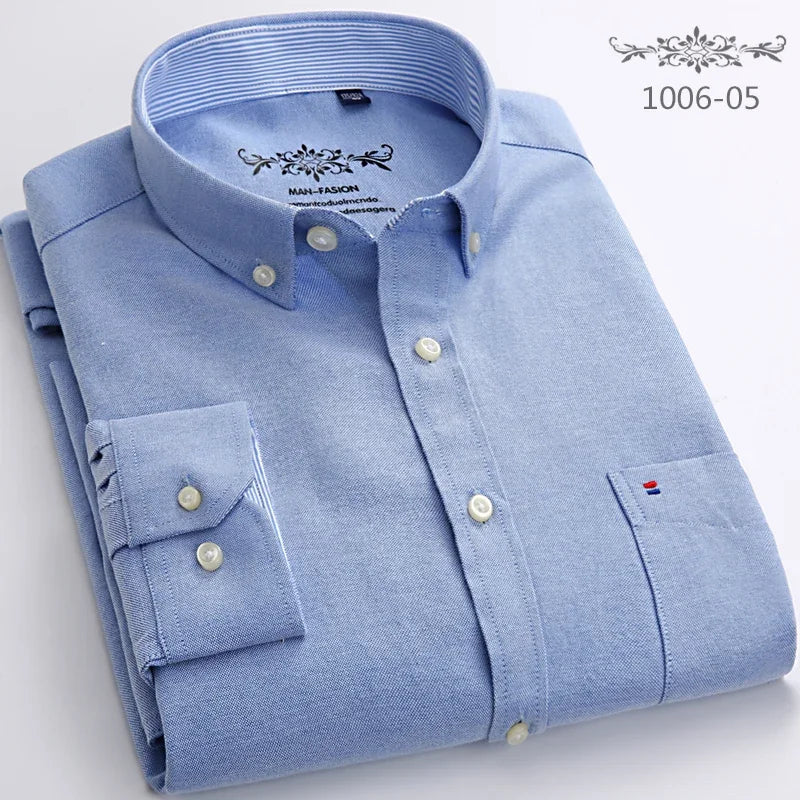 Clássico ajuste algodão completo camisas casuais para homem cor sólida manga longa camisa simples bolso único topo macio fino ajuste roupas formais