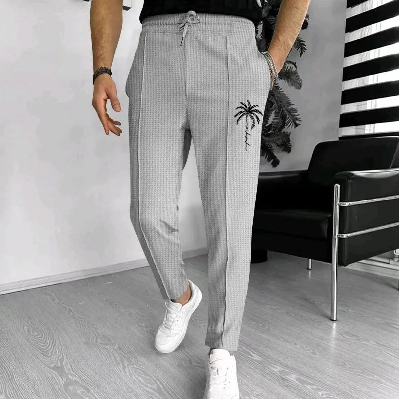 Calça waffle masculina elegante – Calça esportiva casual slim fit com cordão ajustável e bolsos seguros para todas as estações – perfeita ao ar livre