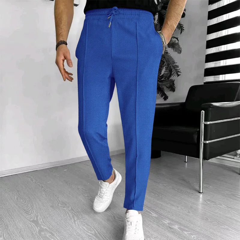 Calça waffle masculina elegante – Calça esportiva casual slim fit com cordão ajustável e bolsos seguros para todas as estações – perfeita ao ar livre