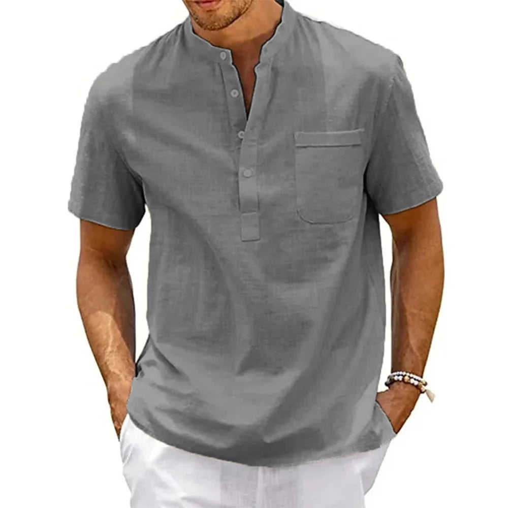 Camisa de linho de algodão masculina henley pescoço bolso casual praia manga curta cor sólida masculino topos camisetas vintage streetwear