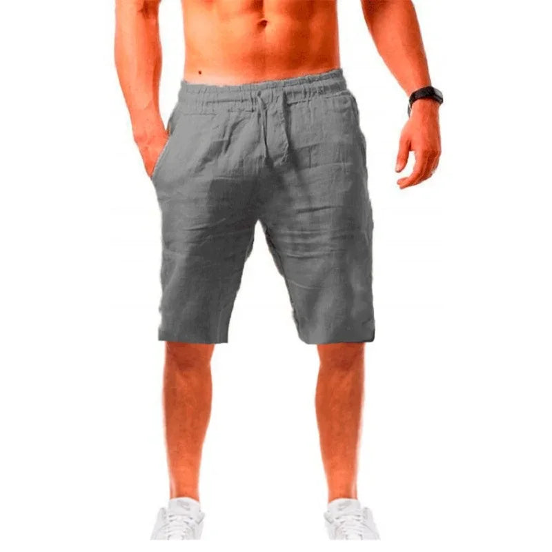 Calças curtas de linho de algodão masculino leve havaiano verão shorts masculino respirável cor sólida casual calças curtas