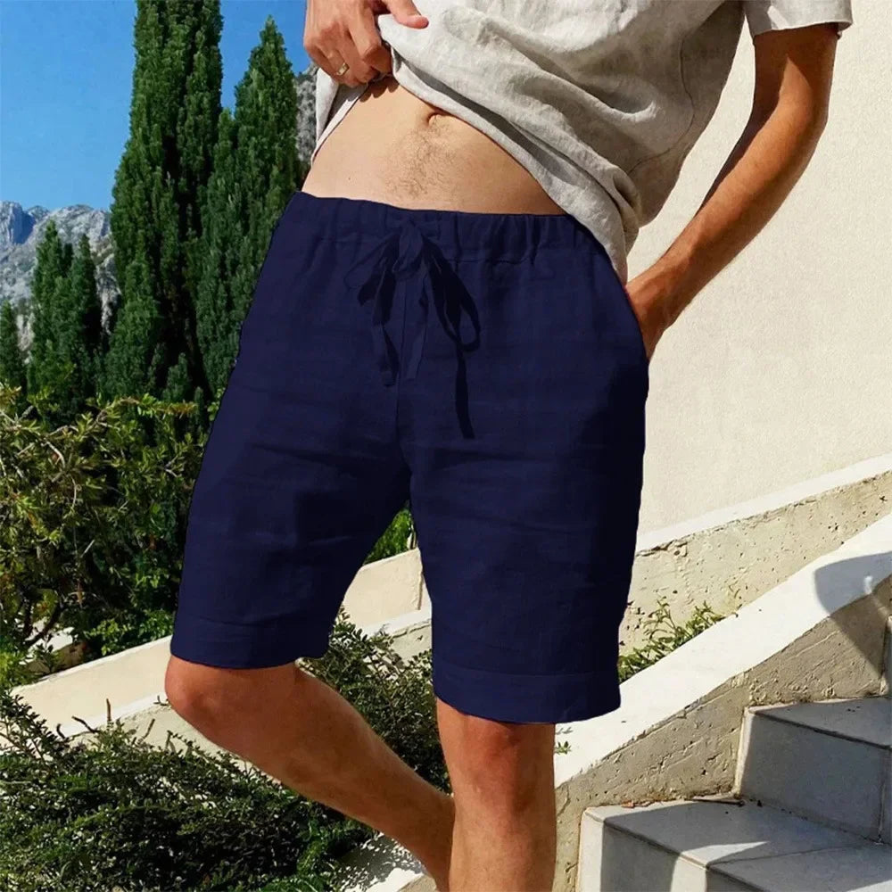 Calção de praia de linho respirável masculina, calça masculina de verão solta, streetwear versátil, monocromática, nova