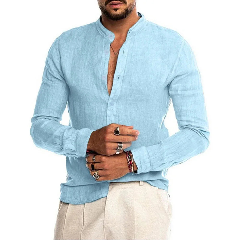 Camisas de manga comprida masculinas de linho de algodão venda quente verão cor sólida gola alta casual estilo praia plus size
