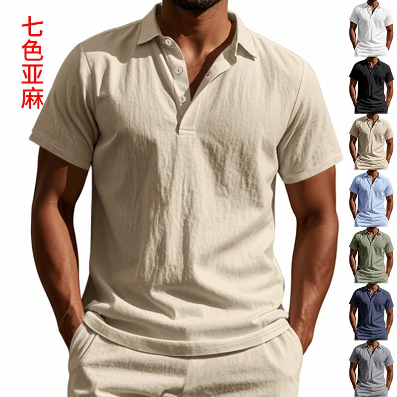 2025 verão nova camisa masculina estilo britânico solto na moda respirável linho casual gola polo série camisa polo manga curta