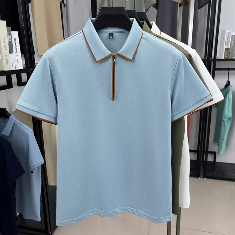 Camisa polo masculina de seda com zíper, manga curta, camiseta amoreira, zíper de metal, gola luxuosa, casual, verão, algodão e linho
