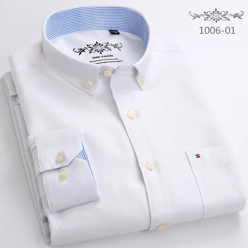 Clássico ajuste algodão completo camisas casuais para homem cor sólida manga longa camisa simples bolso único topo macio fino ajuste roupas formais