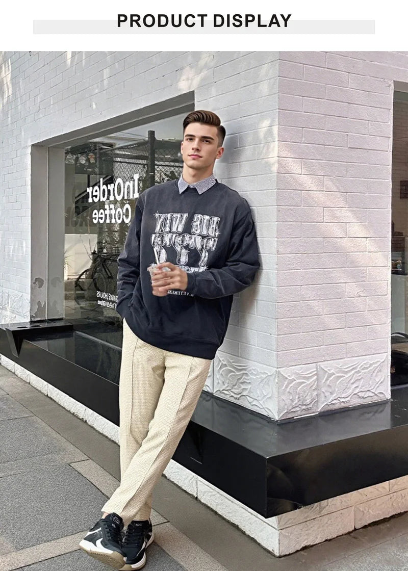 Calça waffle masculina elegante – Calça esportiva casual slim fit com cordão ajustável e bolsos seguros para todas as estações – perfeita ao ar livre