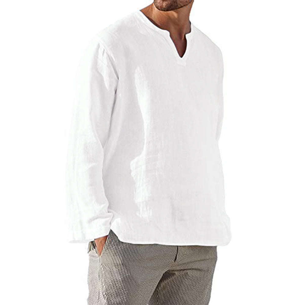 Camisa masculina de linho de algodão breve respirável confortável cor sólida manga longa com decote em v blusa casual camisa havaiana oversize topos