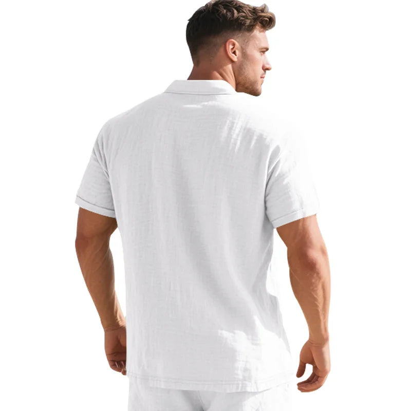 2025 verão nova camisa masculina estilo britânico solto na moda respirável linho casual gola polo série camisa polo manga curta