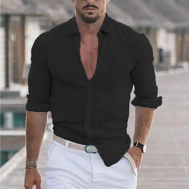 Camisa de praia de linho de algodão masculina, moda de linho, gola polo casual, sólida camisas havaianas, novo, 2024