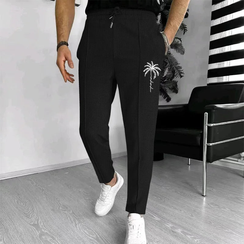 Calça waffle masculina elegante – Calça esportiva casual slim fit com cordão ajustável e bolsos seguros para todas as estações – perfeita ao ar livre