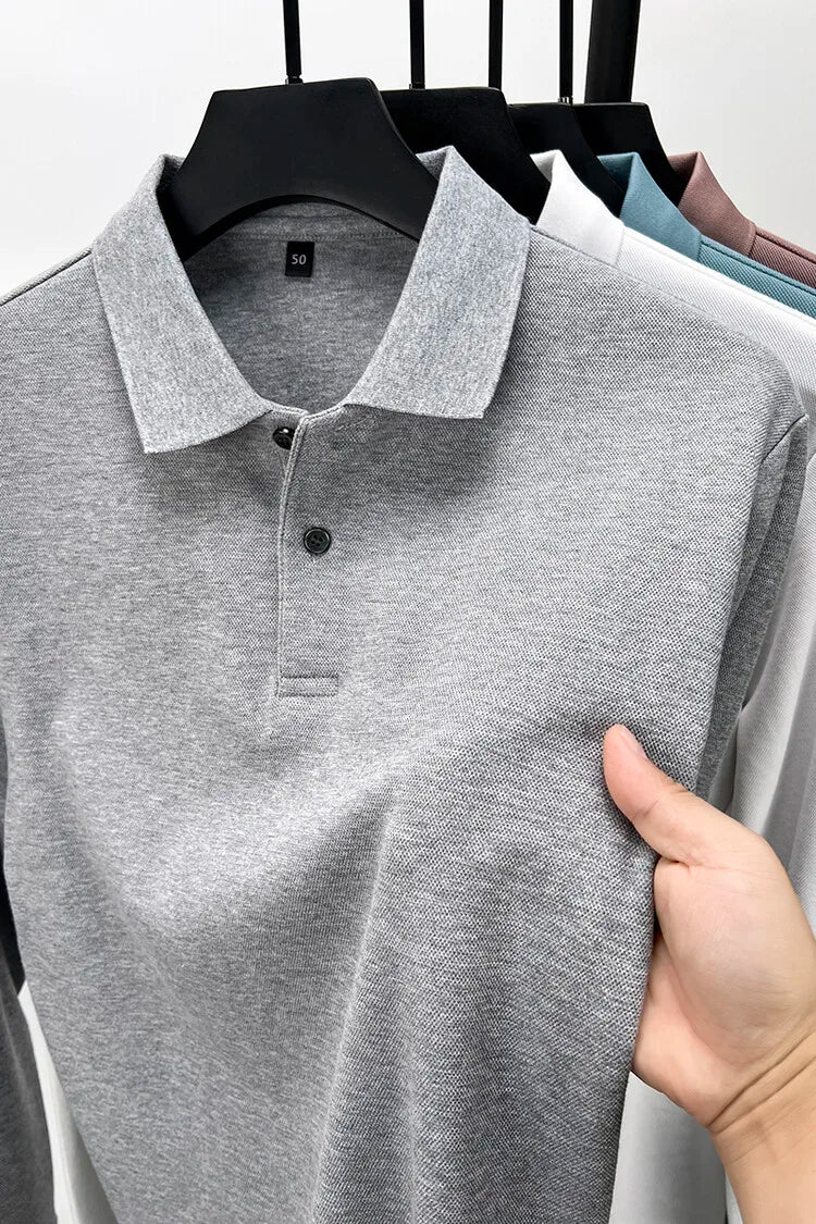 Camisa polo masculina durável 100% algodão, manga comprida de lazer de outono, camiseta com lapelas respiráveis, 16 cores, perfeita para golfe e esportes