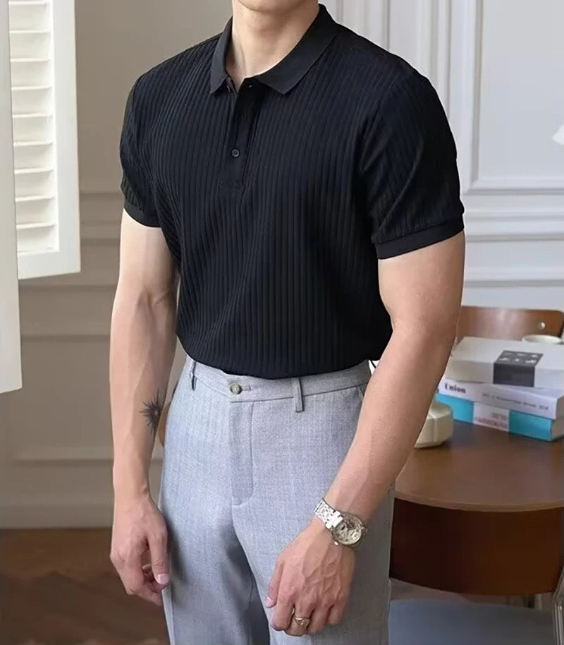 Camisa polo masculina de malha listrada vertical verão novo fino cor sólida respirável gola virada para baixo negócios manga curta polo topos