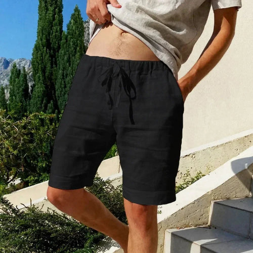 Calção de praia de linho respirável masculina, calça masculina de verão solta, streetwear versátil, monocromática, nova